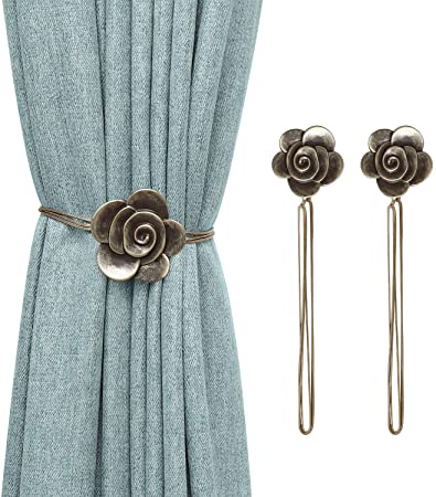 MoKo Camellia Magnetic Curtain Tiebacks, 2-Pack Resin Window Curtain Decorative Clip, Vintage Drapery Holdbacks Flower Curtain Buckle with Flexible Rope for Home Office Artistic Decor - Bronze