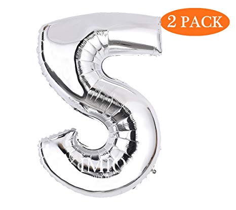 KIMIOX Number Balloons, 2 Pcs 40 Inch Birthday Number Balloon Party Decorations Supplies Helium Foil Mylar Digital Balloons (Silver Number 5)
