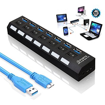 Superspeed 7 Port USB 3.0 HUB, Data Transfer Ports Splitter with On/Off Switches and LEDs Hot Plugin Plug & Play For PC Laptop, Computer Windows MAC, IPhone 7, LG, IPad, Samsung