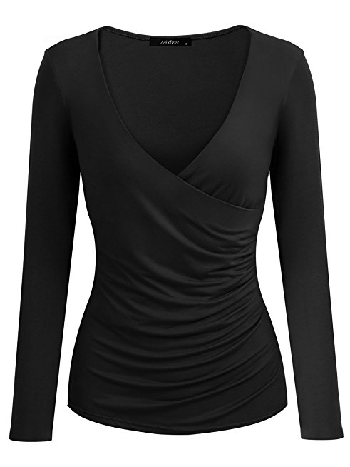 Mixfeer Women's Deep V Neck Long Sleeve Cross Front Ruched Slim Fit T-Shirt Pullover Wrap Tops