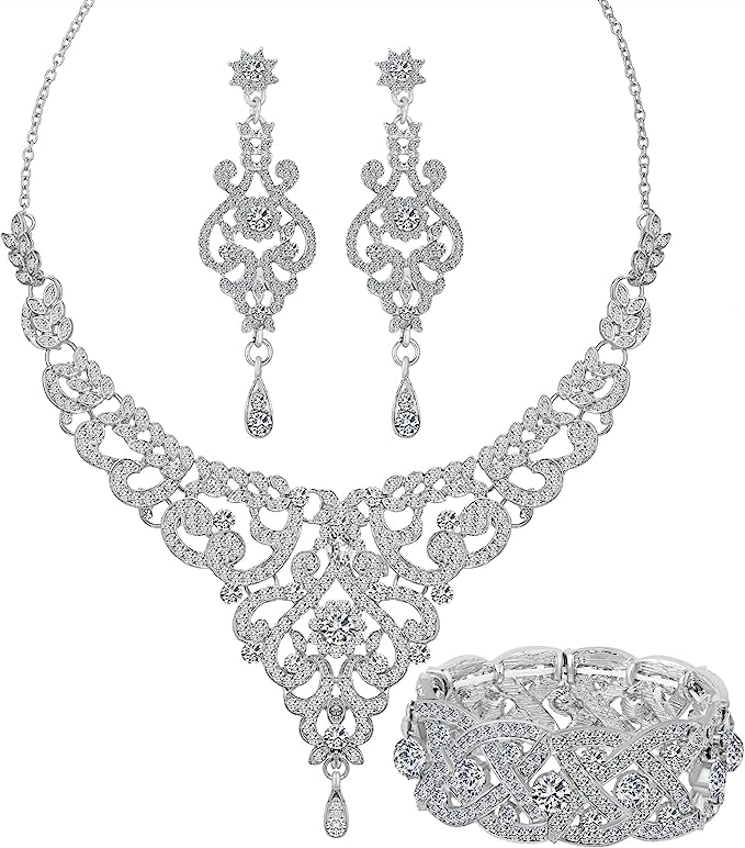 Paxuan Silver Gold Plated Wedding Jewelry Sets Bridal Necklace Rhinestone Earrings Bracelets