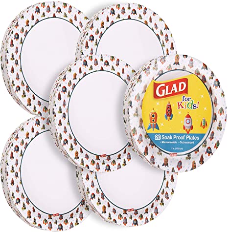 Glad for Kids Rocket Paper Plates, 20 Count - 6 Pack | Small Round Paper Plates with Cute Rocket Design for Kids | Heavy Duty Disposable Soak Proof Microwavable Paper Plates for All Occasions, 7 in.
