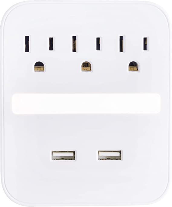 GE Pro USB Charging Surge Protector with Light Sensing Night Light, 3 Outlets, 2 USB Ports, Wall Charger, Dusk to Dawn Sensor, 3 Outlets, 2 USB Ports, 440 Joules, White, 41628