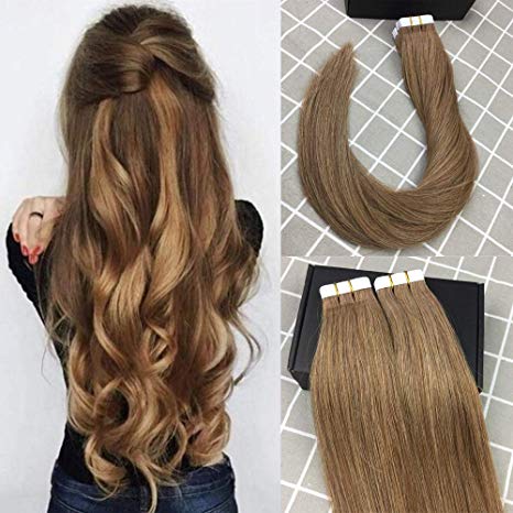 Reysaina 16" 1.5g Per Pieces 20 Picecs Remy Human Hair 100% Brazilian Hair Tape Hair Extensions Color #8 Light Brown Straight Human Hair Adhesive in Remy Hair