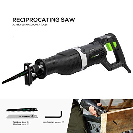 Reciprocating Saw, GALAX PRO 7.5 Amp Electric Saw with1-1/8"(28mm) Stroke Length,0-2500RPM Variable Speed and 6" Reciprocating Saw Blades for Wood and Metal Cutting