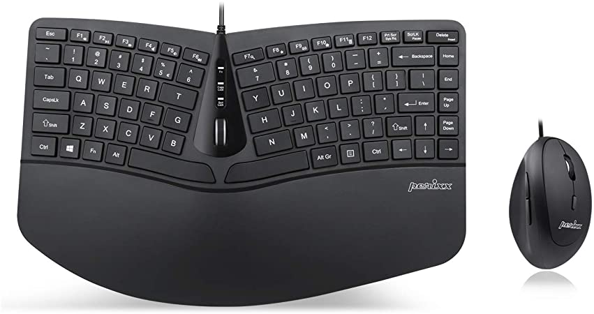 Perixx Periduo-406, Wired Compact Ergonomic Split Design Keyboard and Vertical Mouse Combo, Keyboard with Adjustable Palm Rest, Tilt Scroll Wheel, and Membrane Low Profile