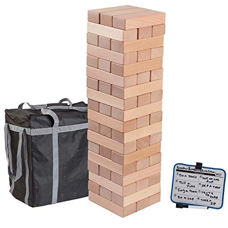 ECR4Kids Number Tumbler Giant Tumble Tower (Stacks to 5  Feet), Large Wood Stacking Block Game with Storage Bag and Dry-Erase Board for Bonus Rules, Jumbo 28" Tall (54-Piece Set)