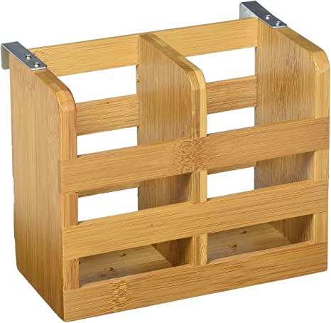 Lipper International 8823 Bamboo Wood 2-Compartment Flatware Holder with Metal Clips, 6-1/4" x 3-1/4" x 5"