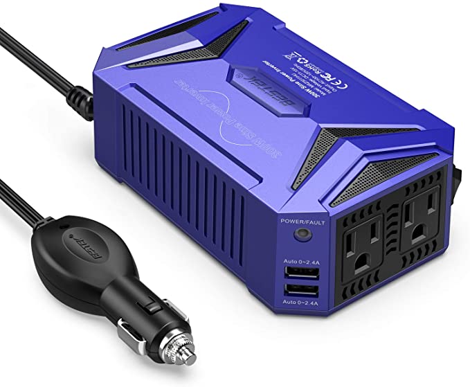 BESTEK 300Watt Pure Sine Wave Power Inverter Car Adapter DC 12V to AC 110V with 4.2A Dual Smart USB Ports (Blue)