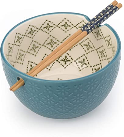 Signature Housewares Set of Four 26-ounce Ramen Bowls with Chopsticks (Blue/Grey)