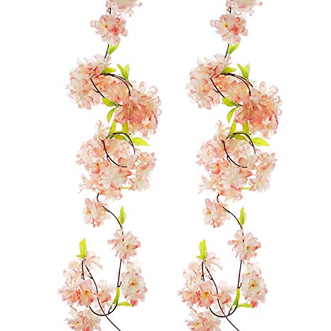 BEFINR Artificial Cherry Blossom Vine Champagne Petal Flower Forever Plant Garland for Art Home Decoration Wedding Party Garden Office 2 Pack