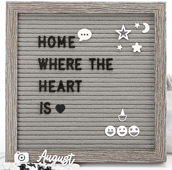Felt Letter Board - Gray Changeable Message Board Letterboard with Stand & Wall Hook, 639 Black & White Letters, Numbers and Emojis, Rustic Weathered Frame, 10x10 Inches (Gray)