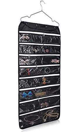 JoyFamily Hanging Jewelry Organizer Bag (56-Pockets) Dual-Sided, Thick Oxford Fabric, Zippered Storage, Clear PVC Plastic Windows, Roll-Up, Portable Travel, Rings, Earrings, Necklaces (Black)