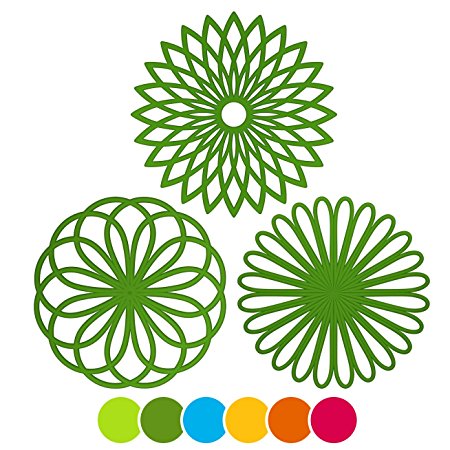 ME.FAN 3 Set Silicone Multi-Use Flower Trivet Mat - Premium Quality Insulated Flexible Durable Non Slip Coasters Hot Pads Green