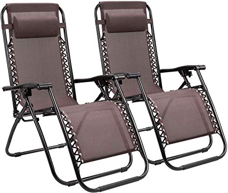 Homall Zero Gravity Chair Adjustable Folding Lawn Lounge Chairs Outdoor Lounge Gravity Chair Camp Reclining Lounge Chair with Pillows for Poolside Backyard and Beach Set of 2 (Brown)