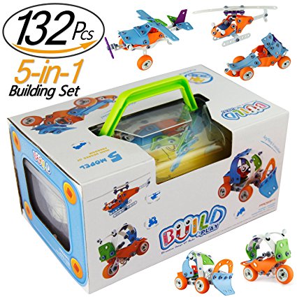 PBOX 132PCS,5-in-1 Model Building Blocks Set,DIY creative Stacking Toys,STEM Learning Models Transform Car and Airplane Building Kits,Educational Construction Engineering Toy for 5  Year Boys&Girls