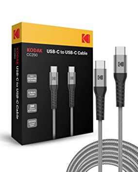 Kodak CC250 USB 2.0 Type C- C Cable | 6.5 ft (2M) | 100W PD Fast Charging | Compatible with MacBook, iPads, Galaxy S21 Series, S20 Series, Note 20 Series, Pixel 4XL/4/3XL Series - Grey KD40008