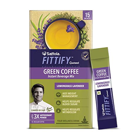 Saffola FITTIFY Gourmet Green Coffee Instant Beverage Mix, Lemongrass Lavender, 15 Sachets, 30g