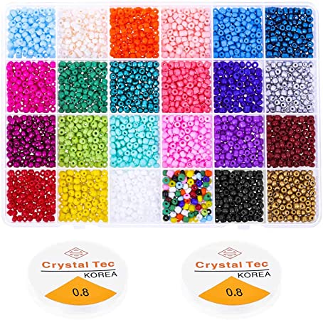 Pony Seed Beads, Shynek 24 Colors Friendship Bracelet Beads 4mm Small Rainbow Glass Beads with Elastic String for Jewelry Making Bracelets Necklaces