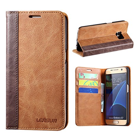 Galaxy S7 Case, Lensun Genuine Leather Wallet Flip Case Cover for Samsung Galaxy S7 5.1" - Brown (S7-FG-BN)