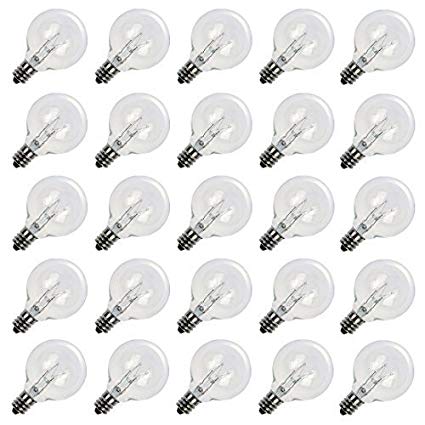 GiveBest Pack of 25 Clear Globe G40 Candelabra Screw Base Light Bulbs, C7 E12 Candelabra Screw Base, Warm Incandescent Replacement Glass Bulbs for G40 Strands, 5W Each Bulb