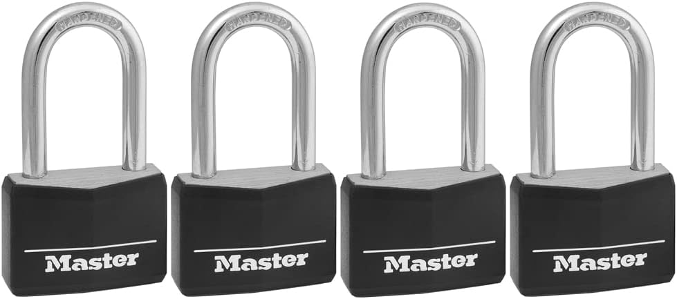 Master Lock Covered Aluminum Padlock with Key, 141QLF, 4 Pack Keyed Alike, Black