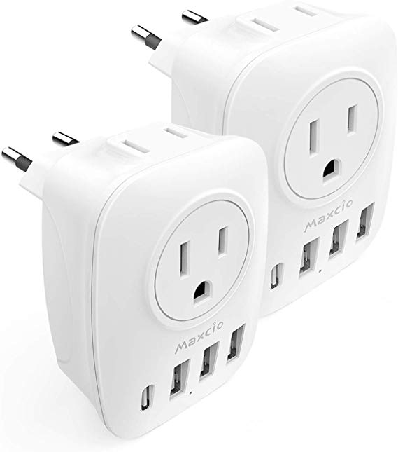 European Travel Plug Adapter, Maxcio European Adapter with 2 American Outlets 1 USB-C and 3 USB Port, 6 in 1 International Power Adaptor Plug for Europe Type C Country Spain Italy Iceland (2 Packs)