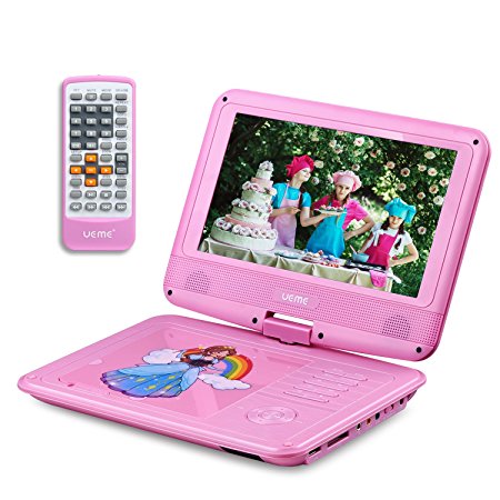 UEME 9" Portable DVD Player for Kids with Car Headrest Mount Holder Swivel Screen Remote Control, Portable CD Player PD-0093 (Pink)