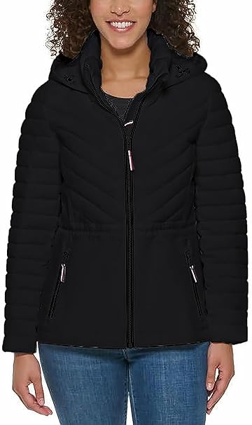 Tommy Hilfiger Women's Puffer Lightweight Hooded Stretch Jacket with Drawstring