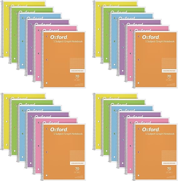 Oxford Graph Notebook - 1-subject - Grid Paper Notebook - 8" X 10-1/2" - Pack Of 24 Math, Drawing, And Engineering Notebook - Pastel Colored Graph Paper Notebook