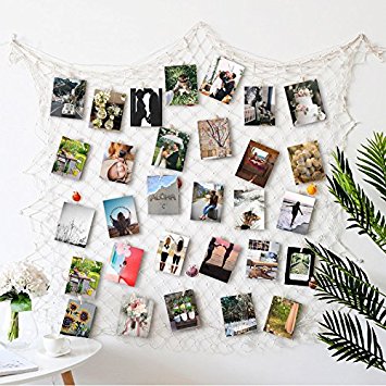 Photo Hanging display with 40 Clip by HAYATA - Fishing Net Wall Decor - Picture Frames & Prints Multi Photos Organizer & Collage Artworks - Nautical Decorative Dorm Bedroom Christmas Decorations