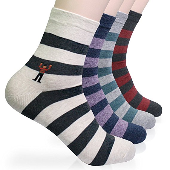 KONY Mens 4/8 Pack Luxury Colorful Striped Pattern Casual Design Cotton Dress Crew Socks