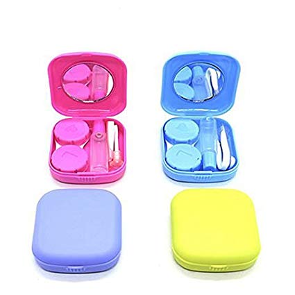 IDS Set of 4 Mini Travel Contact Lens Case Kit Holder Mirror Box, Blue, Purple, Green, Rose Red