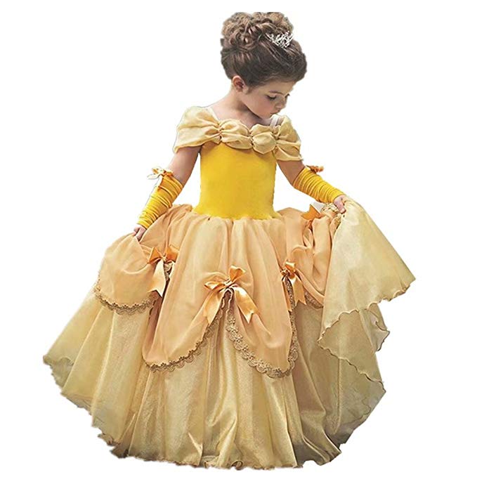 Girls Princess Belle Costume Dress Up Yellow Gowns with Gloves for Christmas Party