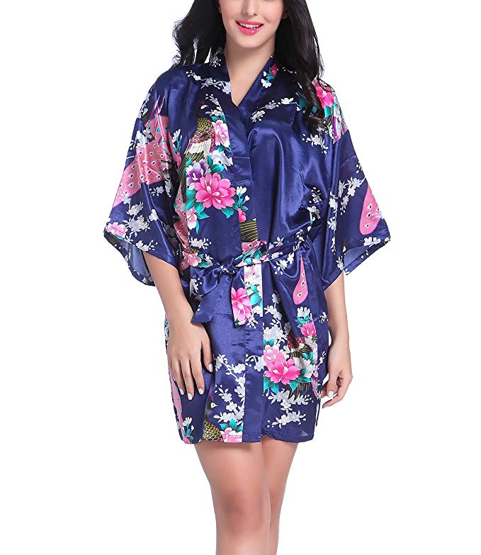 FAYBOX Bridesmaid Peacock Short Kimono Robe Wedding Satin Silk Sleepwear