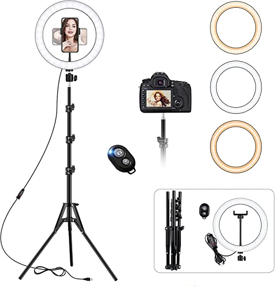 10" Ring Light with Tripod Stand & Phone Holder Tall, Selfie Floor Ring Lights for YouTube, Dimmable Circle Light with Remote for Live Streaming, Makeup, Tiktok