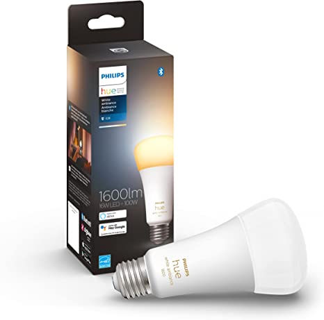 Philips Hue White Ambiance 16W Equivalent 100W A19 Base E26 LED Smart Bulb, Warm-to-Cool White Light, Bluetooth & Zigbee Compatible, Voice Activated with Alexa & Google Assistant