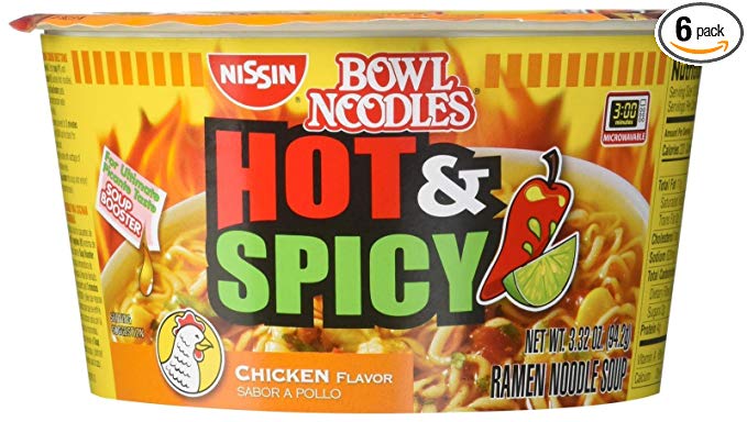Nissin Noodle Bowl, Hot and Spicy Chicken, 3.3 Ounce (Pack of 6)