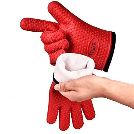 TTLIFE Silicone Heat Resistant Cooking Gloves Oven Mitt Internal Protective Cotton Layer Gloves for Grilling ,Kitchen - Cooking & Baking Non-Slip Potholders -1 Pair (Red)