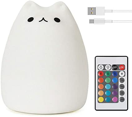 TMANGO Cat Night Lamp, Rechargeable 16 Colors Nursery Light with Remote Control, Soft Silicone Nightlight for Children Toddler, Gifts for Women Teen Girls Baby