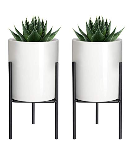 Mkono Modern Planter Small Ceramic Plant Pot with Metal Stand for Succulent Cactus Herb Modern Desk Decoration