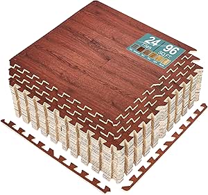 Sorbus 96 Sq. Ft. Wood Grain Floor Tiles Foam Mat EVA Interlocking Mats Tile 3/8-Inch Thick Flooring Wood Puzzle Exercise Mats w/Borders - Home Playroom Basement, Apartment, Trade Show, Baby, Dance