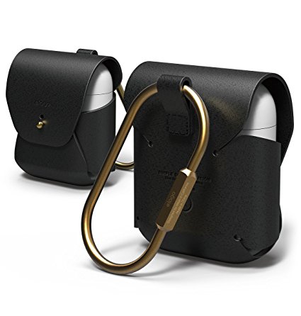 elago AirPods Leather Case [Black] - [Genuine leather][Added Brass Ring Holder][True Fit] – for AirPods