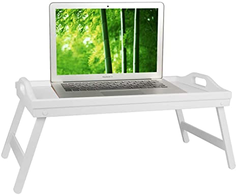 Artmeer Bed Table Tray Bamboo Breakfast Platters Tray with Folding Legs Wooden Kitchen Serving Tray for Bed TV Table Desk Laptop Computer Snack Tray White