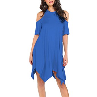 Dreaweet Women's Cold Shoulder Short Sleeves T-shirt Swing Loose Casual Solid Dress