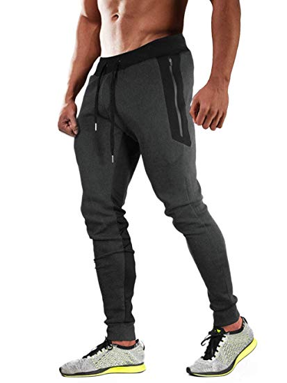 Men's Jogger Pants Tapered Fit Gym Workout Running Sweatpants with 3 Zipper Pockets