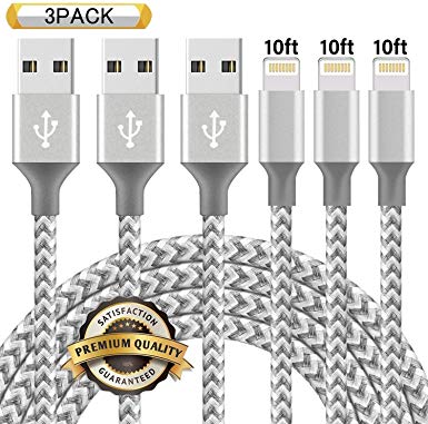iPhone Charger,Ulimag MFi Certified Lightning Cable 3 Pack 10FT Extra Long Nylon Braided USB Charging & Syncing Cord Compatible iPhone Xs/Max/XR/X/8/8Plus/7/7Plus/6S/6S Plus/SE/iPad/Nan GreyWhite