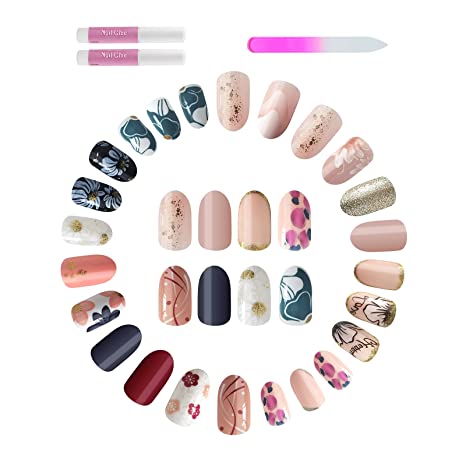 192PCS Oval Press on Nails Medium Length Short Full Cover Floral Fake Nails Glossy and Glitter False Nails with Glue Multiple Colors Acrylic Nails for Women and Girls (Flowers Pattern) 8 Packs