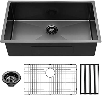 Lordear 30 Inch Black Kitchen Sink Undermount 16 Gauge Stainless Steel Gunmetal Black Single Bowk Kitchen Sink Basin