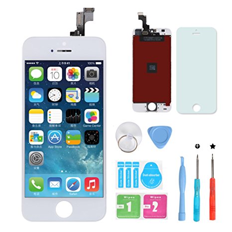 iPhone 5S LCD Touch Screen Digitizer Frame Assembly Full Set LCD Touch Screen Replacement  tools and Professional Glass Screen Protector for iPhone 5s/4.0 inches(White)